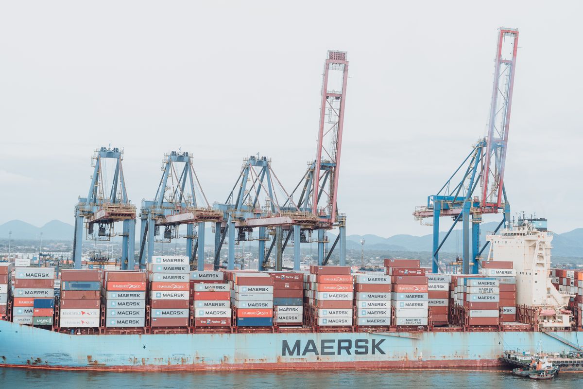 Multi-purpose vessel loading break-bulk cargo at Kandla Port